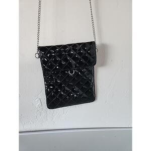 Mini NOUVEAU Black Shoulder Bag Phone Holder SHINY QUILTED Silver Chain strap
